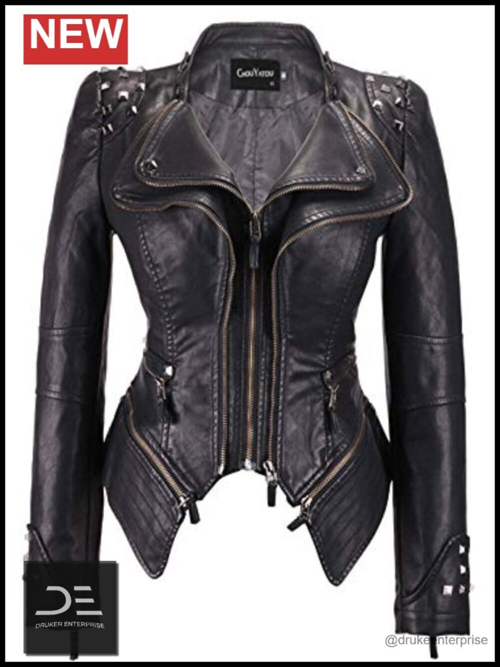 Faux Leather Moto Biker Jacket Studded Zip Placket Women's